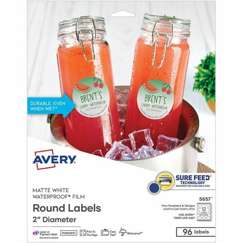 Labels, Round, SureFeed, Print, Waterproof, Polyester, 2", White 96/PK