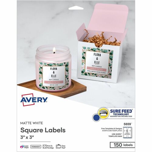 Labels, Square, Matte, Printer Safe, SureFeed, 3" x 3", White 150/PK
