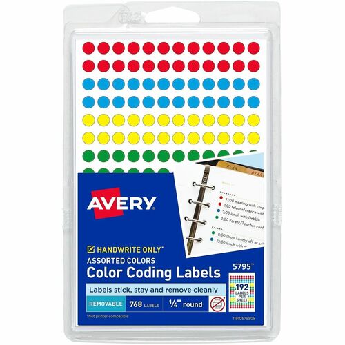 Labels, Color-Coding, Removable, 1/4" Dia, AST 768/PK