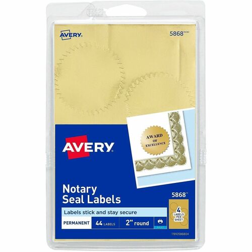 Notary Seal Labels, Inkjet, 2" Diameter, Gold 44/PK