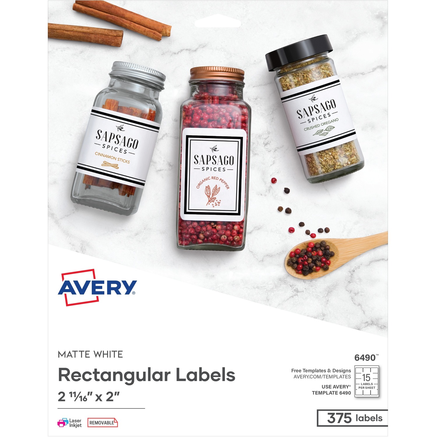 Labels, Removable, Laser/Inkjet, 2-11/16"x2", White, 375/PK 5/CT