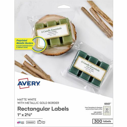Labels, With Gold Foil Border, Inkjet & Laser, 1" x 2-5/8", White/Gold 300/PK