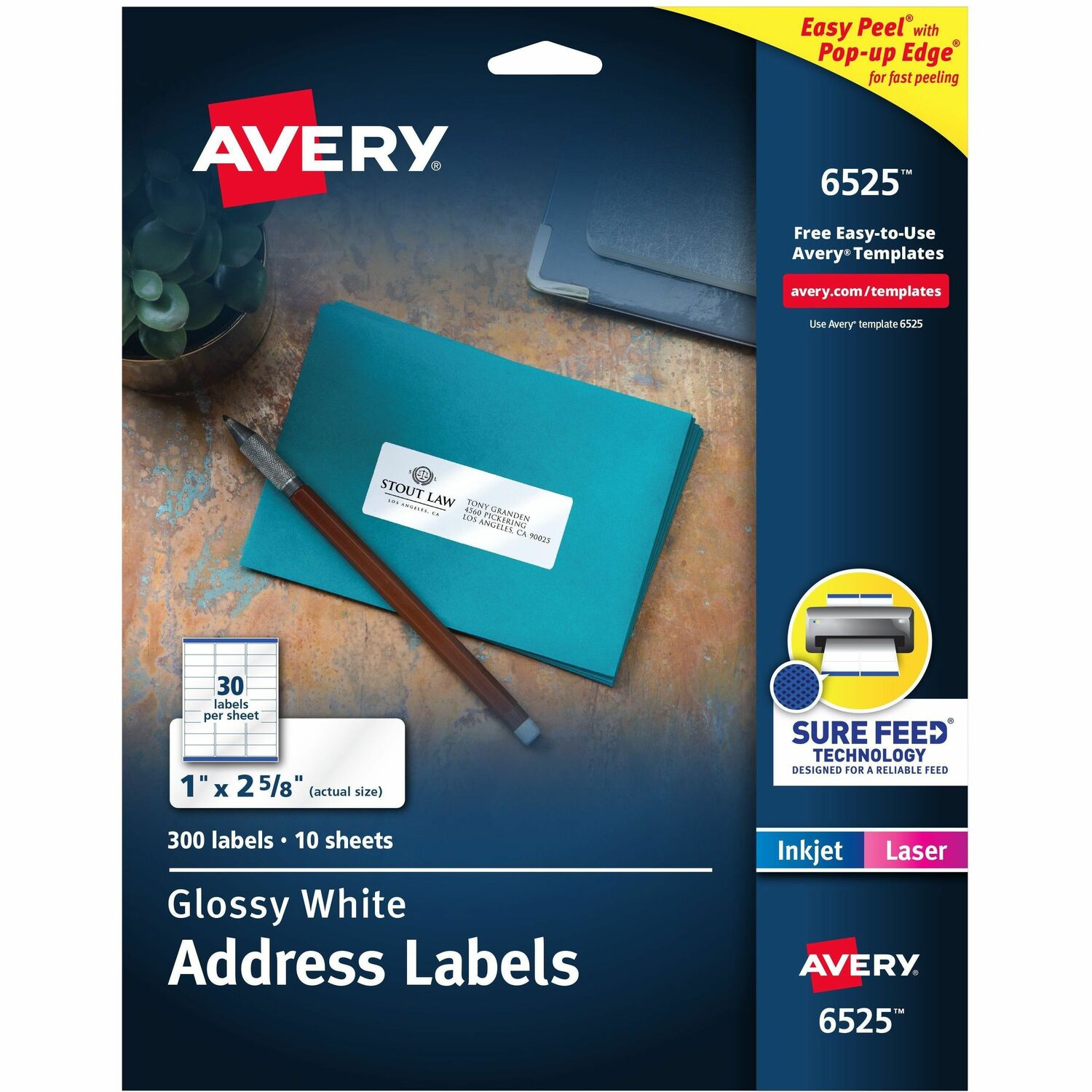 Address Labels, Easy Peel, Permanent, 1" x 2-5/8", Glossy White, 300/PK 5/CT