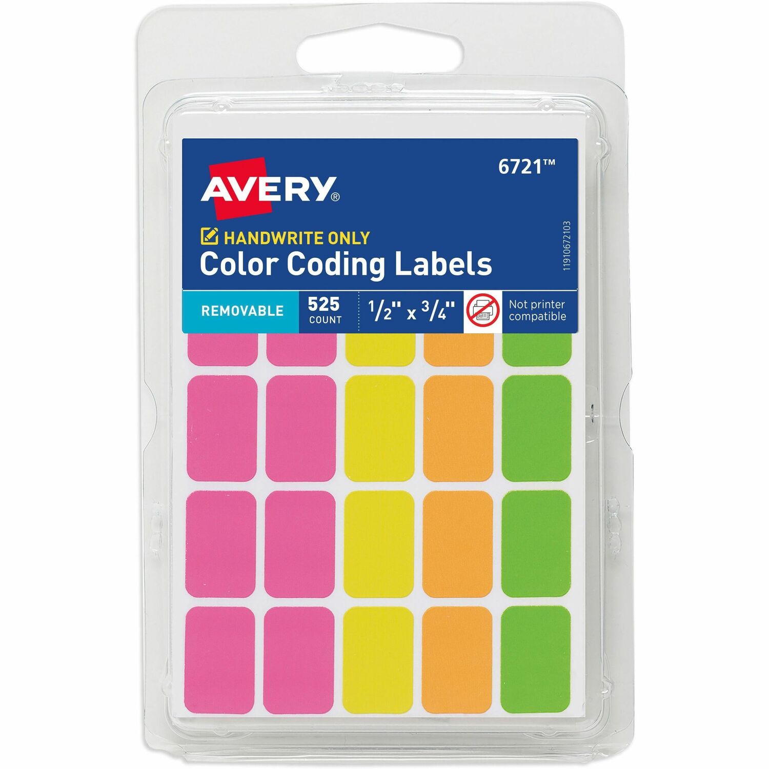Color-Coding Labels, Removable, 1/2" x 3/4", Neon Ast, 525/PK 36/CT