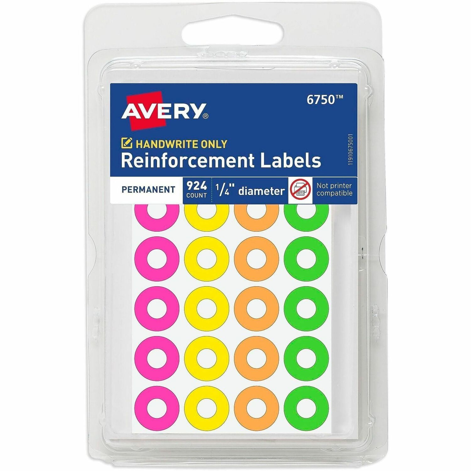 Reinforcement Labels, Permanent, 1/4", AST Neon, 924/PK 36/CT