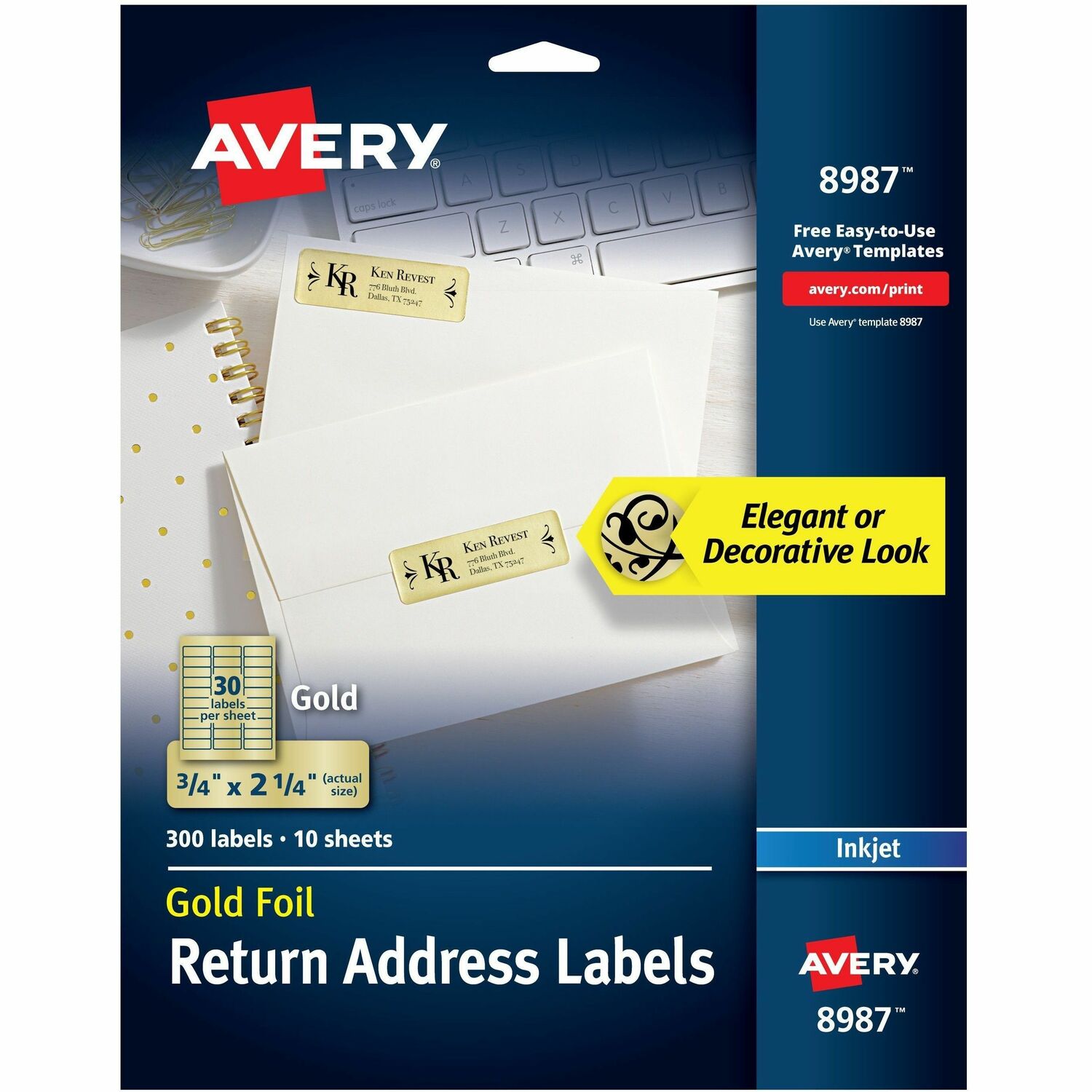 Ink Jet Gold Foil Labels, Mail, 3/4"x2-1/4", 300/PK 5/CT