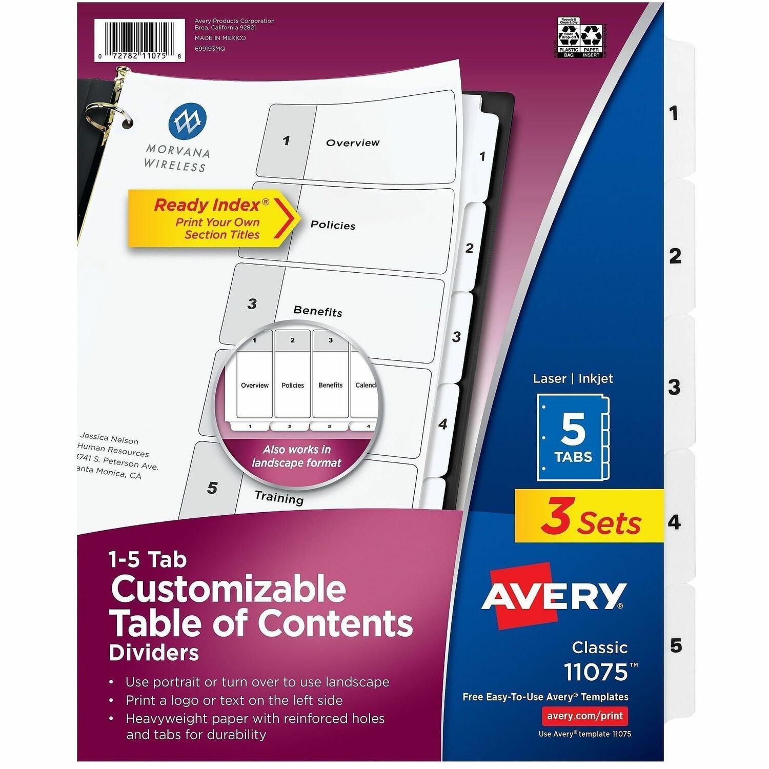 Index Dividers, 1-5 Tab, 8-1/2" x 11", Black/White, 3ST/PK 12/CT