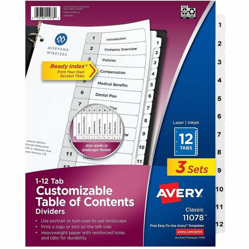 Index Dividers, 1-12 Tab, 8-1/2" x 11", Black/White, 3ST/PK 8/CT