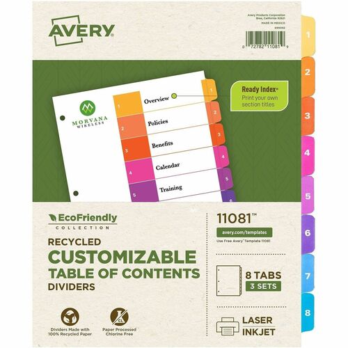 T/of Contents Dividers, Recycled, 8 Tabs/st, Multi