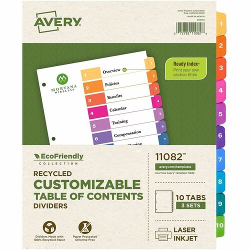 T/Of Contents Dividers, Recycled, 10 Tabs/St, Multi