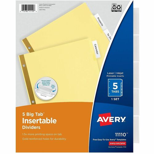 Big Tab Insertable Dividers, 11" x 8-1/2", 5 Tabs, Buff/Clear 5/ST