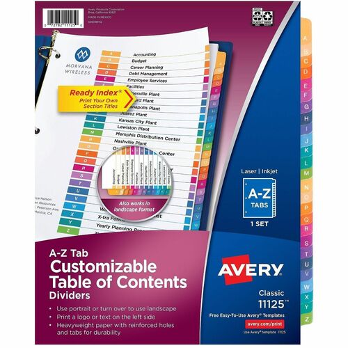 Index Dividers, T/Contents, 26 Tab, A-Z, Three Hole Punch, 8-1/2" x 11", 26/Set, MI 26/ST