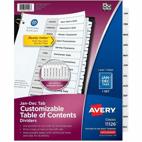 Table of Contents Dividers, Jan-Dec, 8-1/2" x 11, Black/White
