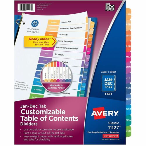 Index Dividers, T/Contents, 12-Tab, Jan-Dec, 3 Hole Punch, 8-1/2" x 11", MI 12/ST