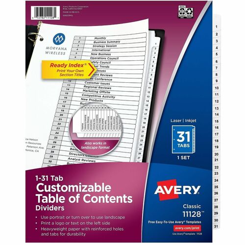 Index Dividers, 1-31 Tab, 8-1/2" x 11", Black/White 31/ST