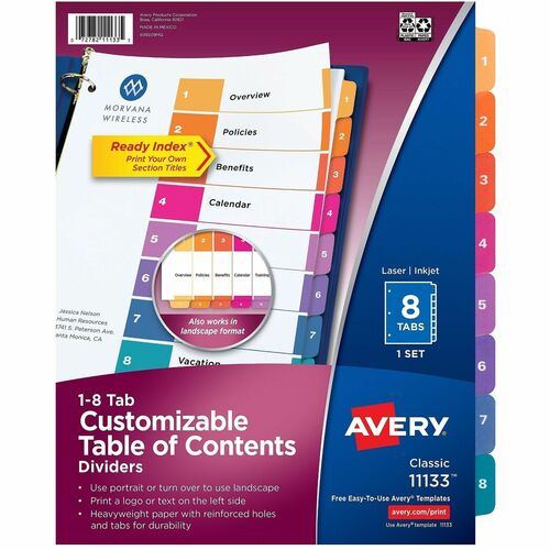 Ready Index Dividers, TOC, 1-8 Tab, 3 Hole Punch, 8-1/2" x 11", Multi 8/ST