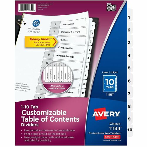 Index Dividers, 1-10 Tab, 8-1/2"x11", Black/White 10/ST