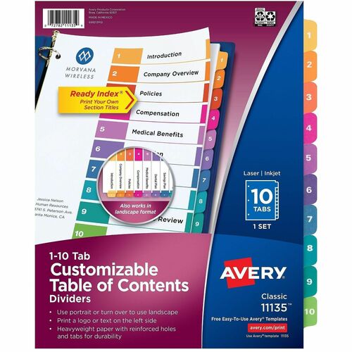 Ready Index Dividers, TOC, 1-10 Tab, 3 Hole Punch, 8-1/2" x 11", Multi 10/ST