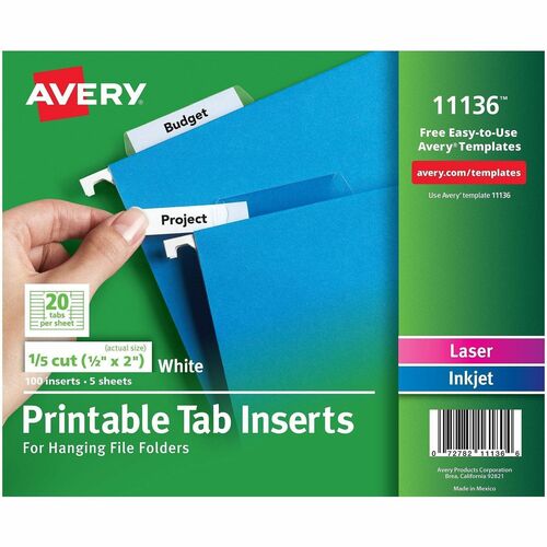 Tab Inserts, F/Hanging Folders, 1/5 Cut, 2", White 100/PK