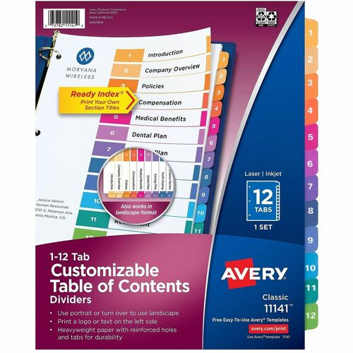 Ready Index Dividers, TOC, 1-12 Tab, 3 Hole Punch, 8-1/2"x11", Multi 12/ST