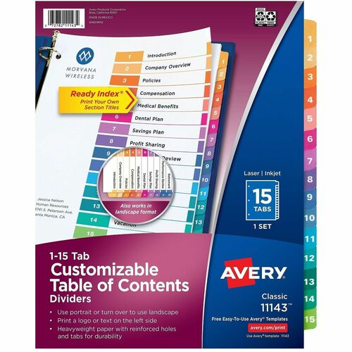 Ready Index Dividers, TOC, 1-15 Tab, 3-Hole Punch, 8-1/2"x11", Multi 15/ST