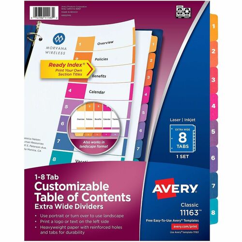 Index Dividers, Extra Wide, Table of Contents, 3-Hole Punch, 9.25"x11", 1-8 Tab/Set, MI 8/ST