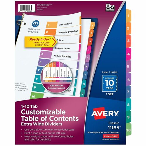 Index Dividers, Extra Wide, 10-Tab, 11" x 9-1/2", Multi