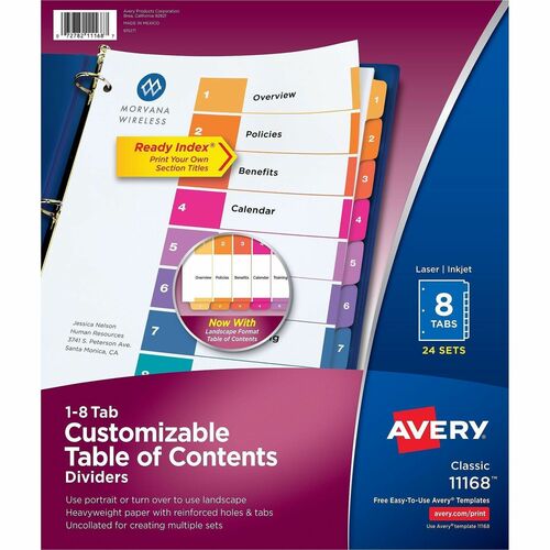 Index Dividers, TOC, 3 Hole Punch, 1-8 Tab, 11" x 8-1/2", MI 24/BX
