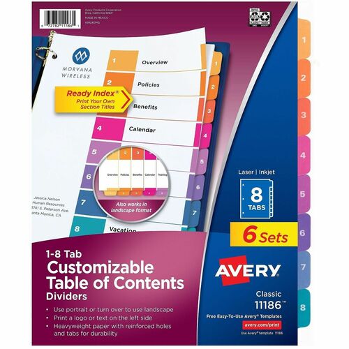 Ready Index Dividers, TOC, 1-8 Tab, 3 Hole Punch, 8-1/2" x 11", Multi 6/PK