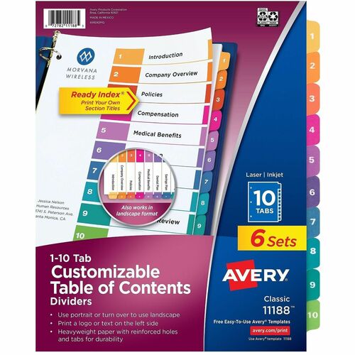 Ready Index Dividers, TOC, 1-10 Tab, 3 Hole Punch, 8-1/2" x 11", Multi 6/PK