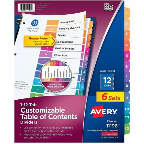 Ready Index Dividers, TOC, 1-12 Tab, 3 Hole Punch, 8-1/2" x 11", Multi 6/PK