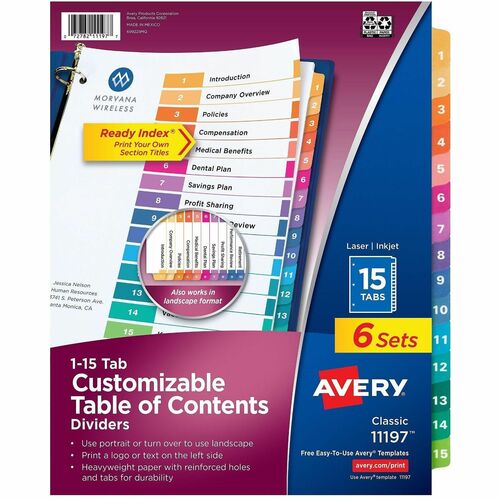 Ready Index Dividers, TOC, 1-15 Tab, 3 Hole Punch, 8-1/2" x 11", Multi 6/PK
