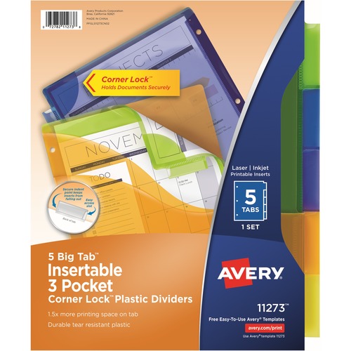 Plastic Divider, With Corner Lock, 3 Pockets, 5-Tab, 9" x 11", Multi