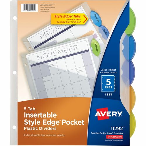 5-Tab Insertable Style Edge Pocket, Plastic Divider, Multi 5/ST