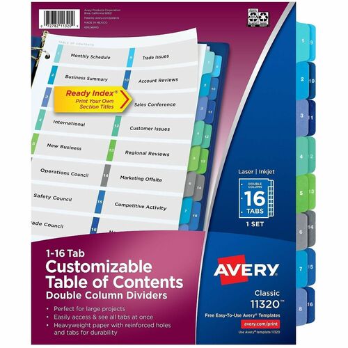 T/of Contents Dividers, Dble Column, 1-16 Tab, 11" x 8-1/2", Multi 16/ST