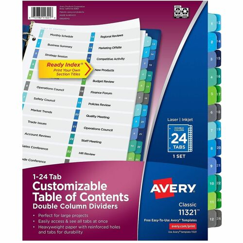 T/Of Contents Dividers, Double Column, 1-24 Tab, 11" x 8-1/2", Multi 24/ST