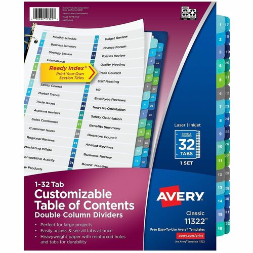 T/of Contents Dividers, Dble Column, 1-32 Tab, 11" x 8-1/2", Multi 32/ST