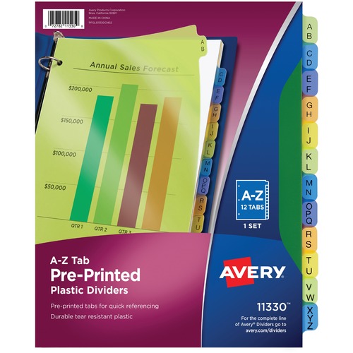 Plastic Dividers, Printed A-Z, 8-1/2" x 11", 12 Tabs/ST, AST 12/ST