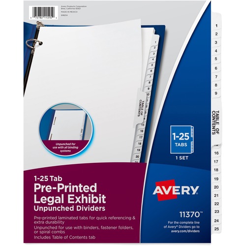 Index Divider, 1-25, With Table of Content, 11" x 8-1/2", White 25/ST