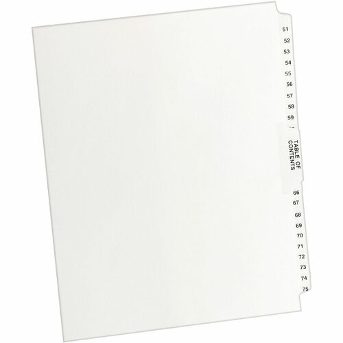 Index Divider, 51-75, with Table of Content, 11" x 8-1/2", White 25/ST