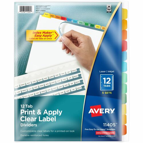 Index Maker, Laser/Inkjet, 12 Tab, 8-1/2"x11", AST 5/PK