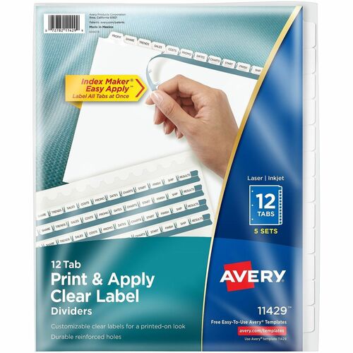 Index Maker, Laser, Punched, 12-Tabs, 8-1/2" x 11", Clear 5/PK