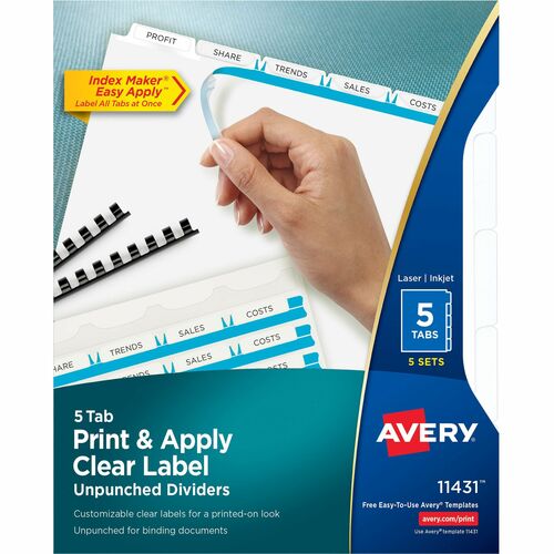 Index Maker, Laser, Unpunched, 5-Tab, 11" x 8-1/2", White 5/PK