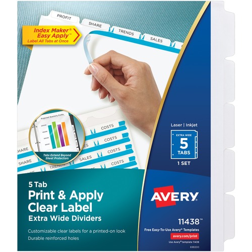 Index Maker Extra-Wide Tab Dividers, 5-Tab, 9" x 11", Clear