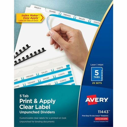 Index Maker, Laser, Unpunched, 5-Tab, 11" x 8-1/2", White 25/BX