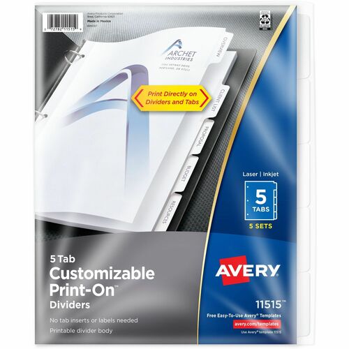 Print-On Dividers, 8-1/2"x11", 5 Tab/5 Sheet, White 5/PK