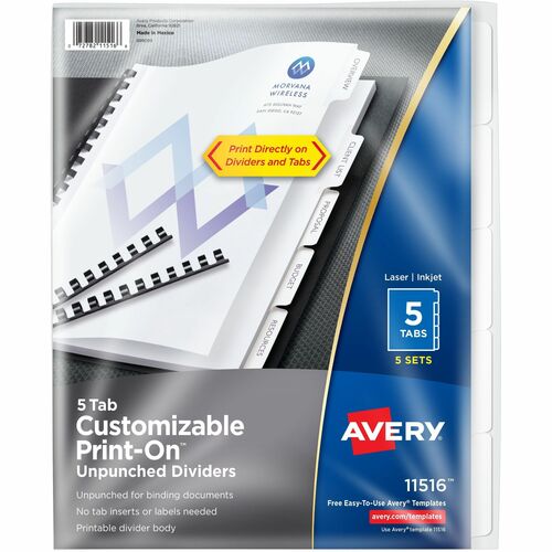 Print-On Dividers, Unpunched, 8-1/2" x 11", 5 Tab/ST, White 5/BX