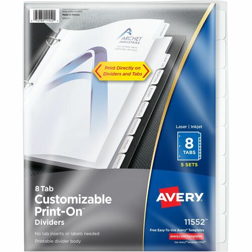 Print-On Dividers, 8-1/2" x 11", 8 Tab, 5 Step, White 5/PK
