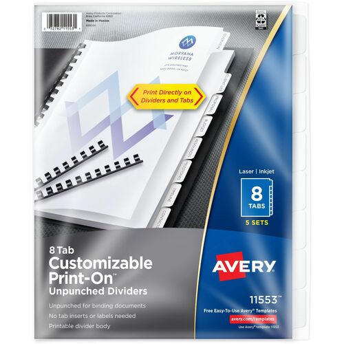 Print-On Dividers, Unpunched, 8-1/2" x 11", 8 Tab/ST, White 5/BX