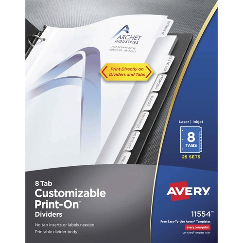 Print-On Dividers, 8-1/2" x 11", 8 Tab Sets, White 25/BX